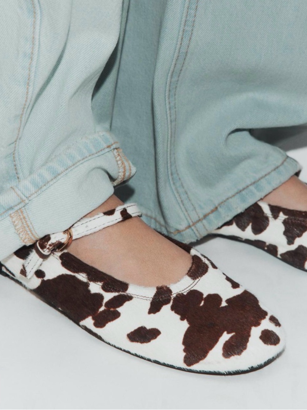 Zara Brown and White Cowprint Mary Jane Flats